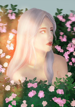手繪插畫之花叢中的少女