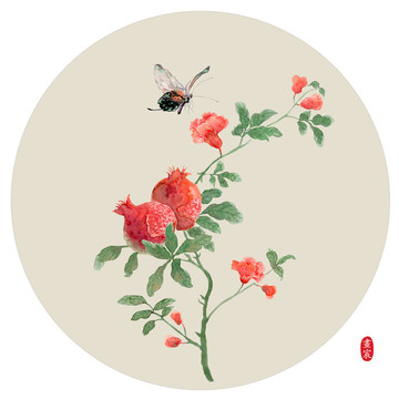 石榴花蝴蝶圓形畫