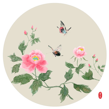牡丹蝴蝶圓形畫