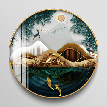 新中式立體浮雕山水麋鹿裝飾畫