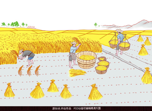 古代劳动场景收割水稻
