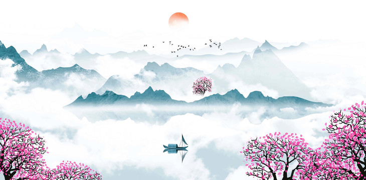 唯美中國風(fēng)藍(lán)色山水畫