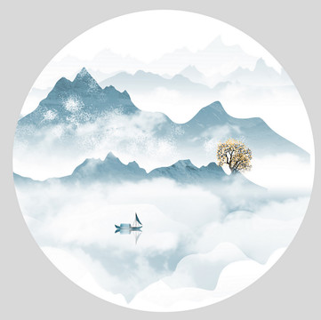 圓形藍(lán)色水墨山水畫(huà)
