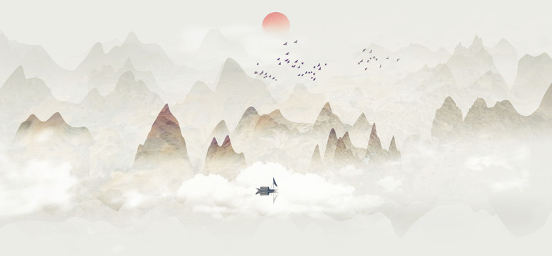 水中國(guó)風(fēng)墨山水畫