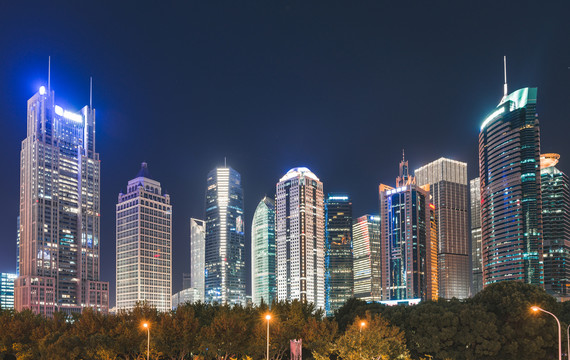 上海浦东建筑群夜景天际线