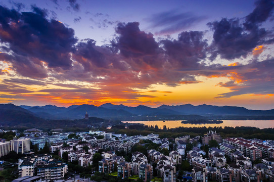 俯瞰杭州西湖日落自然景观