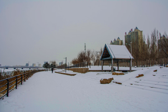 鞍山万水河岸钢制凉亭松树雪景