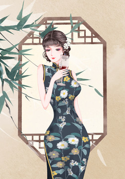 品紅酒旗袍美女