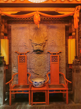中式龙头龙纹石材雕塑背景