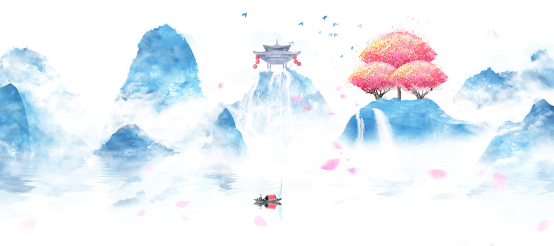 藍色水墨山水畫