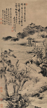 石濤高士策杖圖