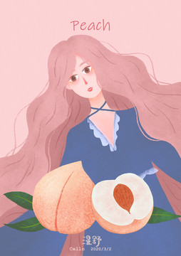 原創(chuàng)水果桃子少女插畫