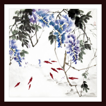 中式金魚紫藤花裝飾畫