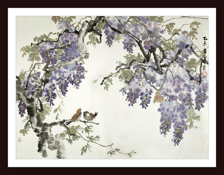 中式紫藤花裝飾畫花鳥畫