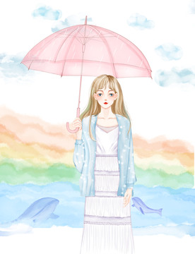 手绘雨伞少女美女