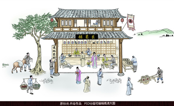 手繪設(shè)計古代醫(yī)藥鋪