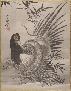 河鍋曉齋野雞斗蛇圖