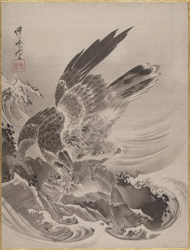 河鍋曉齋水墨老鷹抓魚(yú)圖