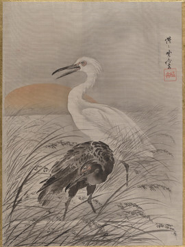 河鍋曉齋水墨白鶴圖