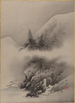 橋本雅邦水墨高山松雪圖