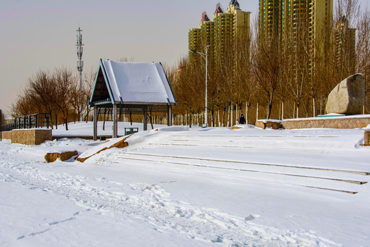 鞍山万水河岸钢制凉亭树木雪景