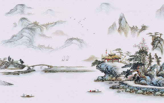 禪意山水油畫客廳背景墻