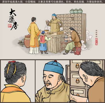 古代中醫(yī)秤藥插畫(huà)