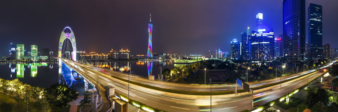 航拍中国广州城市天际线夜景风光