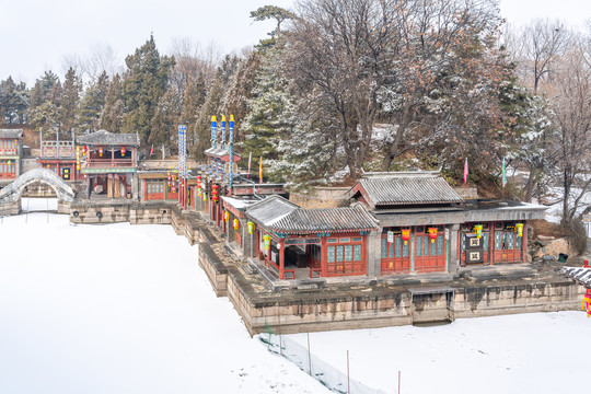 北京冬季雪后的颐和园苏州街建筑