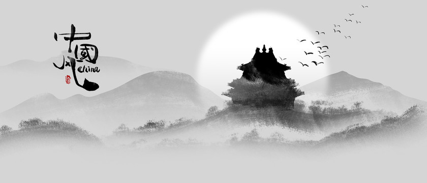 水墨山水建筑國風(fēng)背景