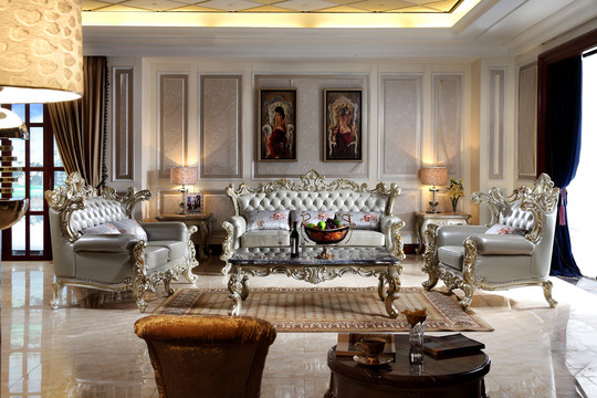 欧式古典客厅真皮沙发茶几