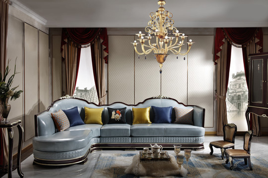 欧式古典客厅皮沙发抱枕桌椅吊灯