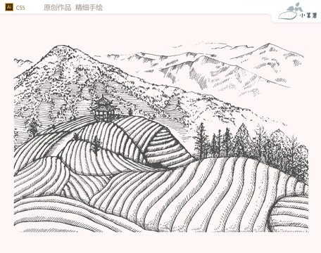 手繪中式茶山矢量圖