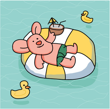 小豬鴨子休閑洗澡插畫
