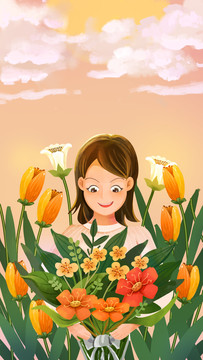母親節(jié)少女手捧鮮花插畫