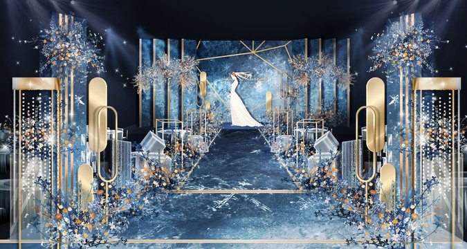 蓝色现代泰式舞台婚礼效果图