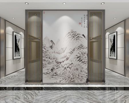 中式墻布壁畫背景墻效果圖源文件