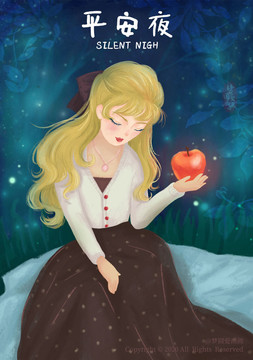 插画平安夜捧着苹果的女孩