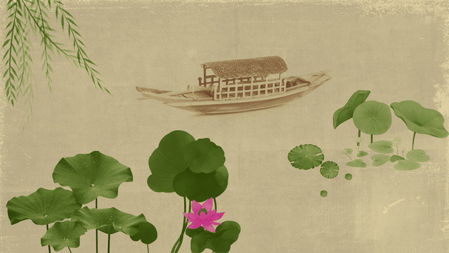 相冊畫冊背景海報分層荷花池小船