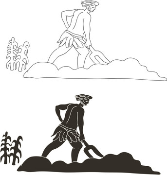 線描古裝人物農(nóng)墾文化插畫