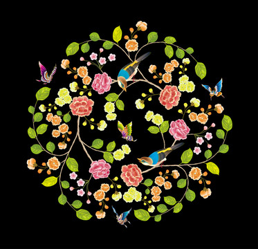 矢量工筆花鳥(niǎo)團(tuán)花