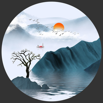 圓框新中式水墨山水畫