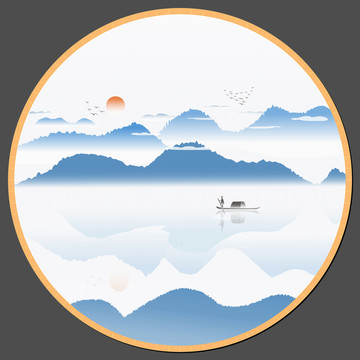 漁舟山水新中式水墨裝飾矢量圖