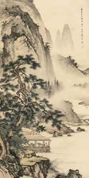 陳少梅水閣云瀑圖