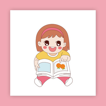 卡通看書小女孩