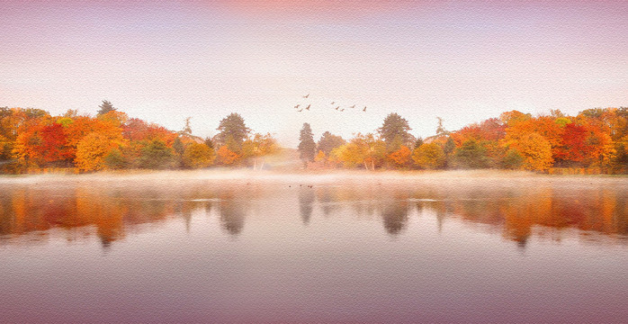 水墨湖畔风景