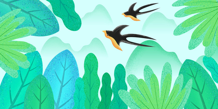 清新立春燕子飞舞绿色植物插画