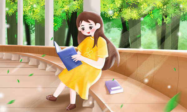 在公園凳子上看書的女孩子