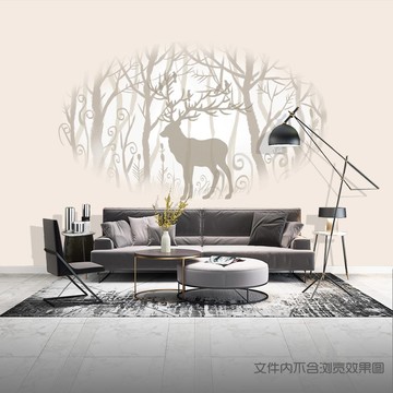 北歐復(fù)古麋鹿森林手繪背景墻
