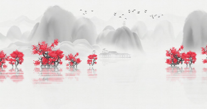 中國紅意境山水畫